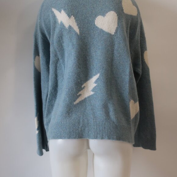 Zadig & Voltaire Marcus Bis C Pure Cashmere Blue White Graphic Heart Sweater M - Picture 6 of 12
